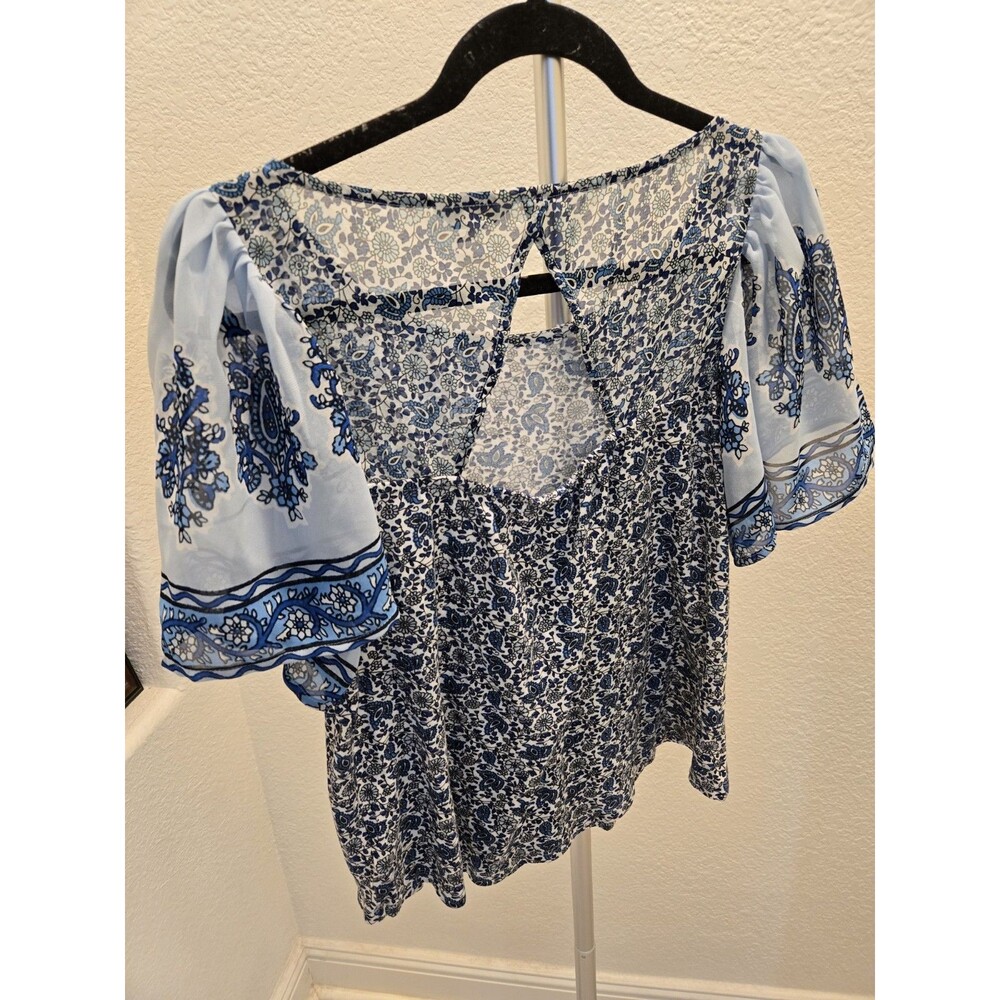 Lucky Brand Blouse Navy Blue Geo Boho Paisley Print Short Sleeve Top Women's M - Picture 6 of 11